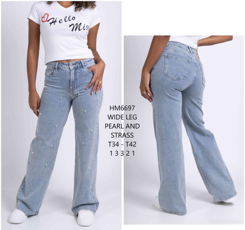 Jeans droit et large avec perle et Strass