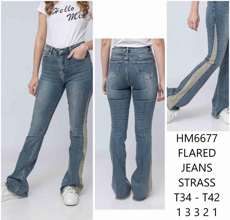 Flared jeans bicolor avec strass