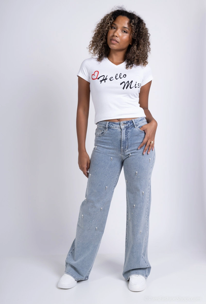 Jeans wide leg avec perle et strass